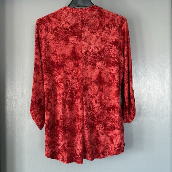 Notations Women's sz M Rust Floral Burnout Pullover Top 3/4 Roll Tab Sleeves - Picture 2 of 5